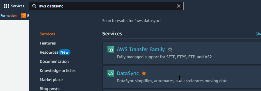 aws console datasync search