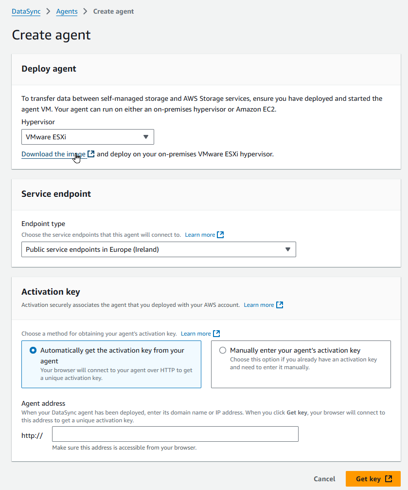 aws datasync create agent screenshot