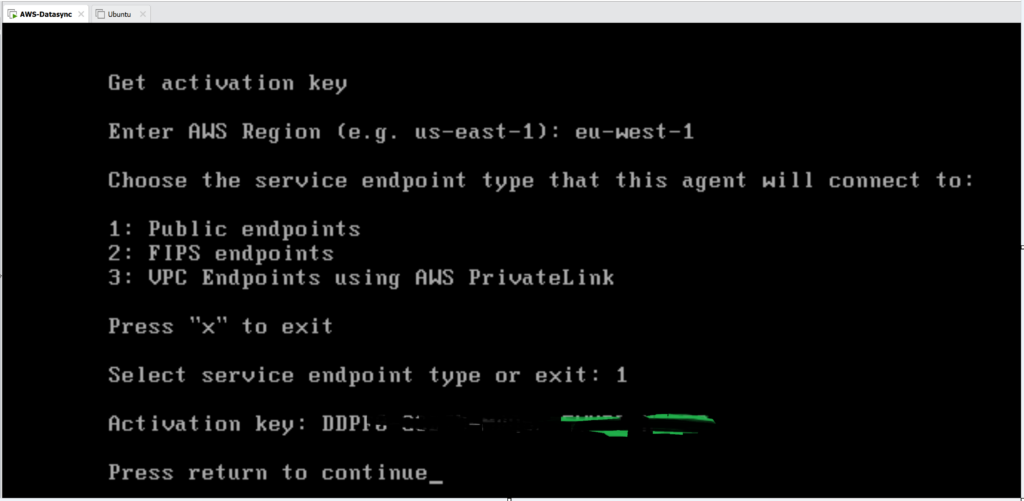 aws datasync agent getting activation key over console