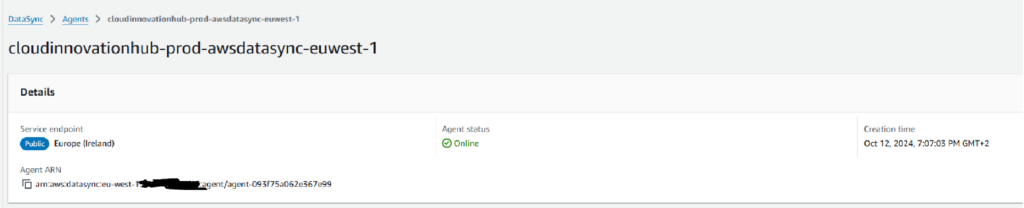 aws datasync agent activation status on AWS DatasSync Web Console