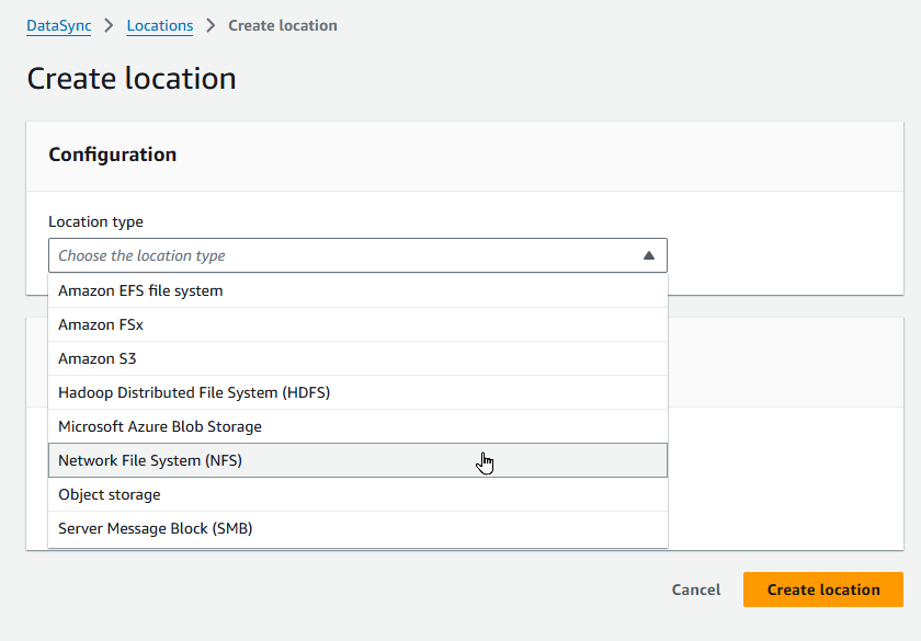 aws datasync location creation screenshot