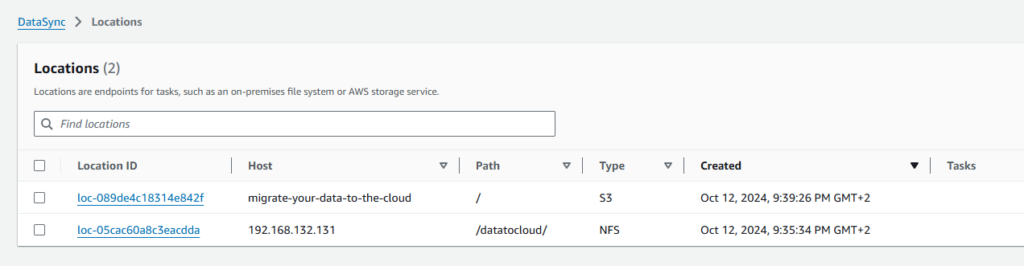 aws datasync location overview screenshot