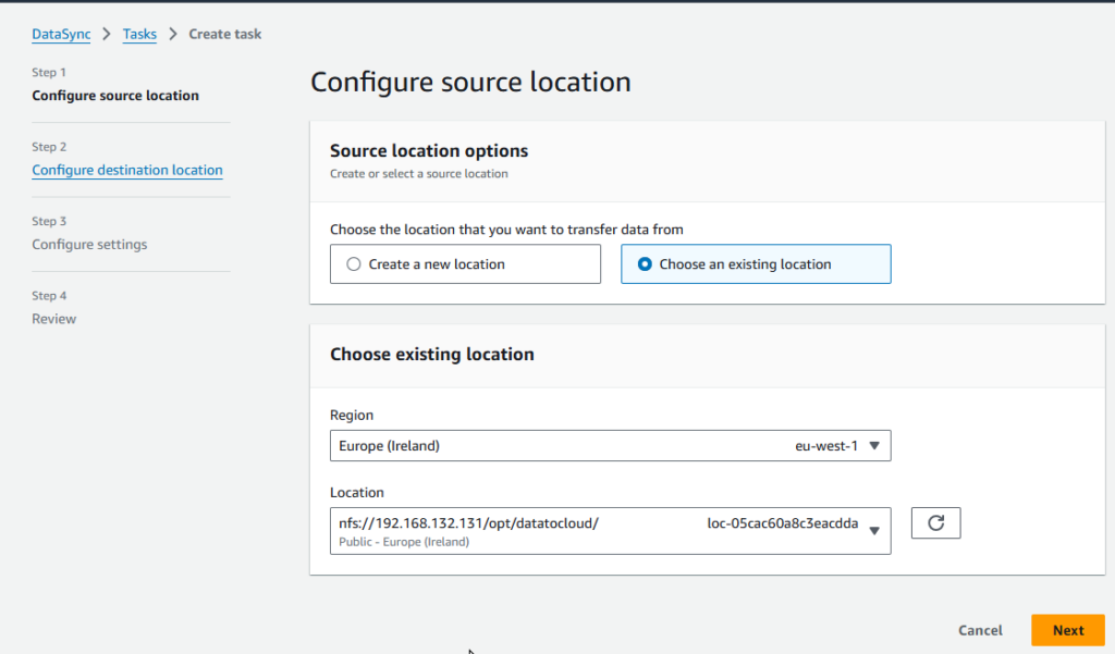 aws datasync task creation screenshot