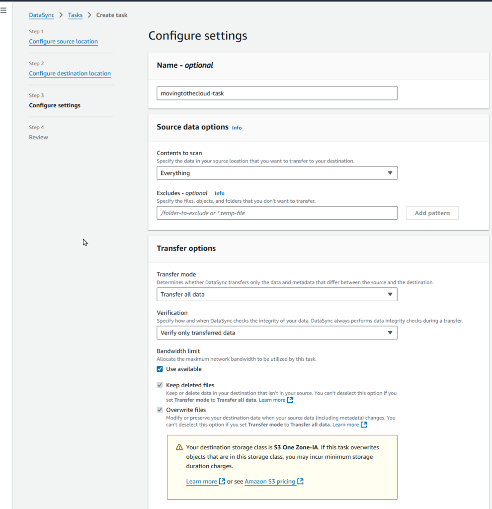 aws datasync task configuration creation screenshot