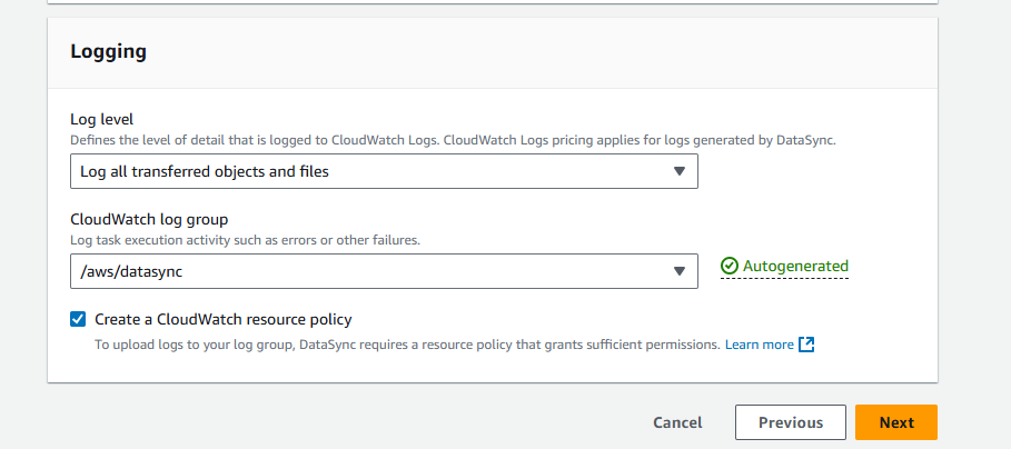 aws datasync task configuration logging creation screenshot