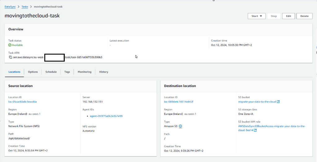 aws datasync task configuration overview screenshot