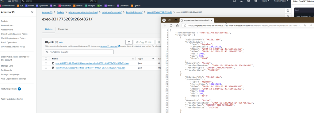 aws datasync task detailed  report screenshot