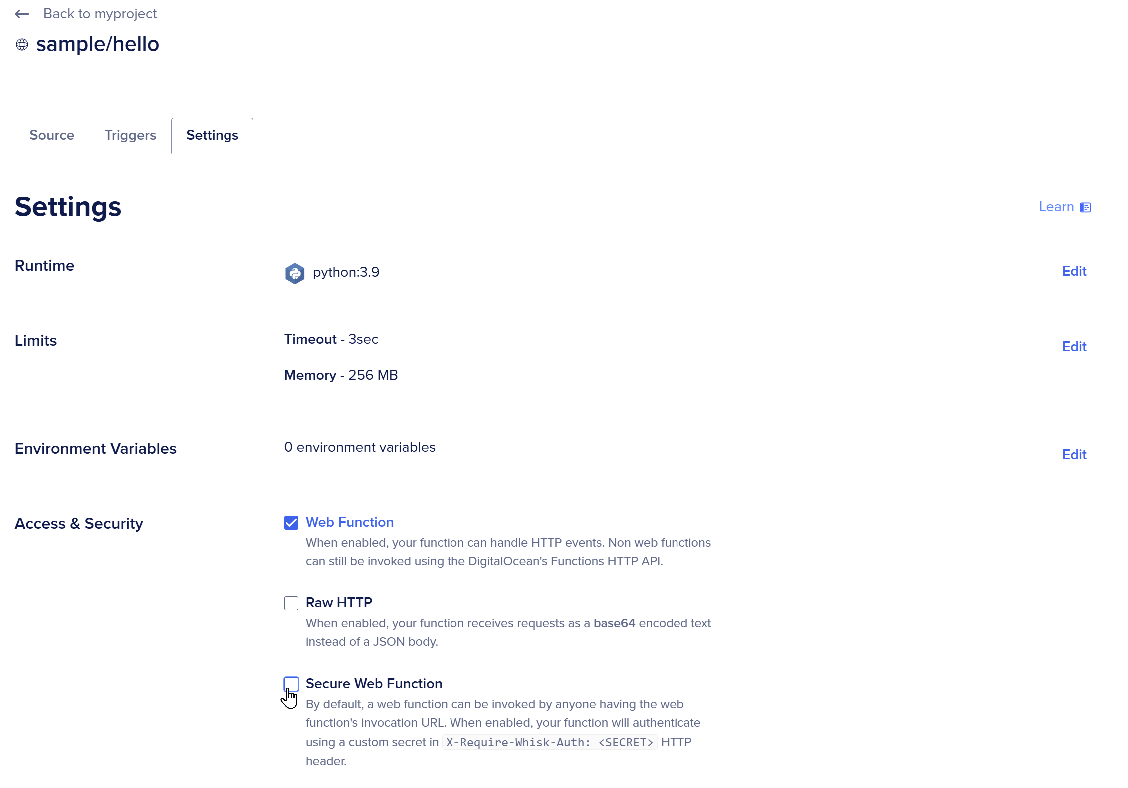 digitalocean function security settings