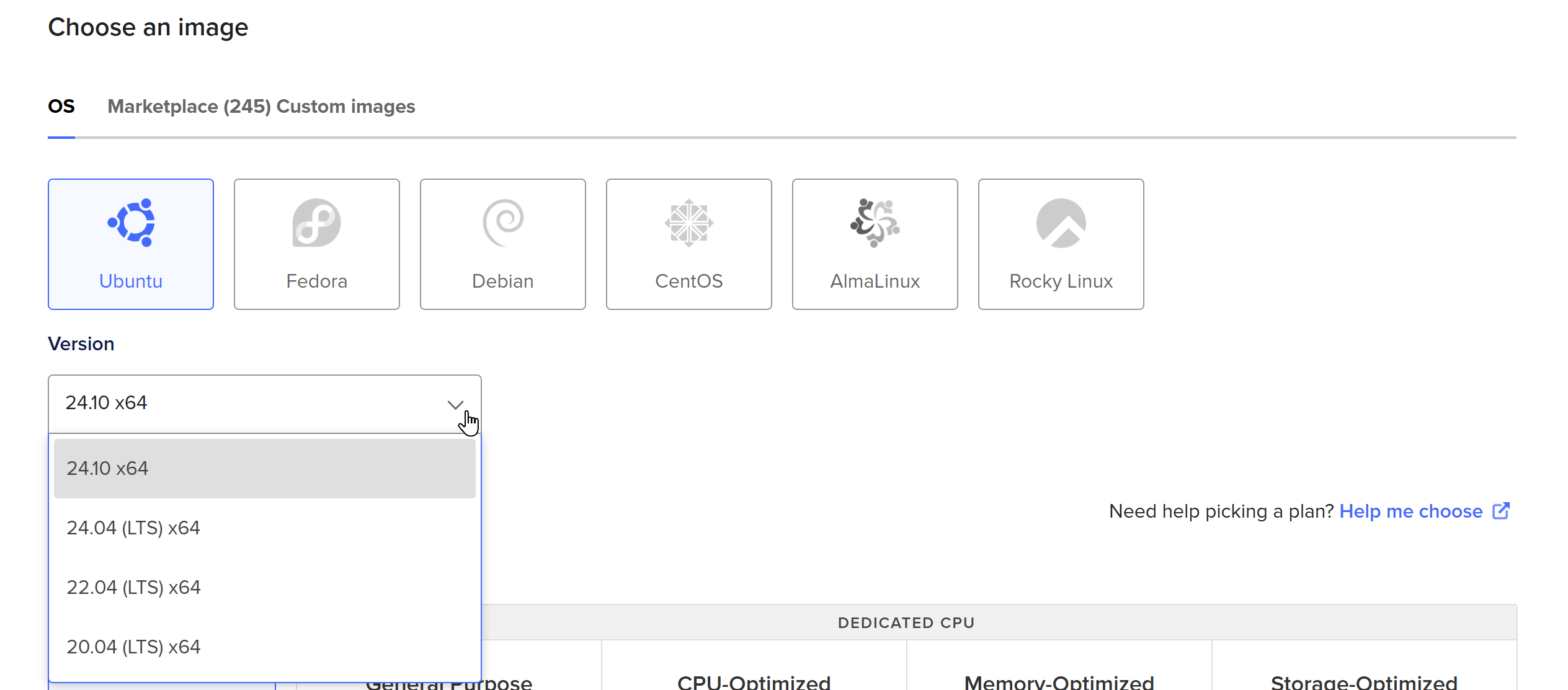 digitalocean droplet operating system selection screenshot