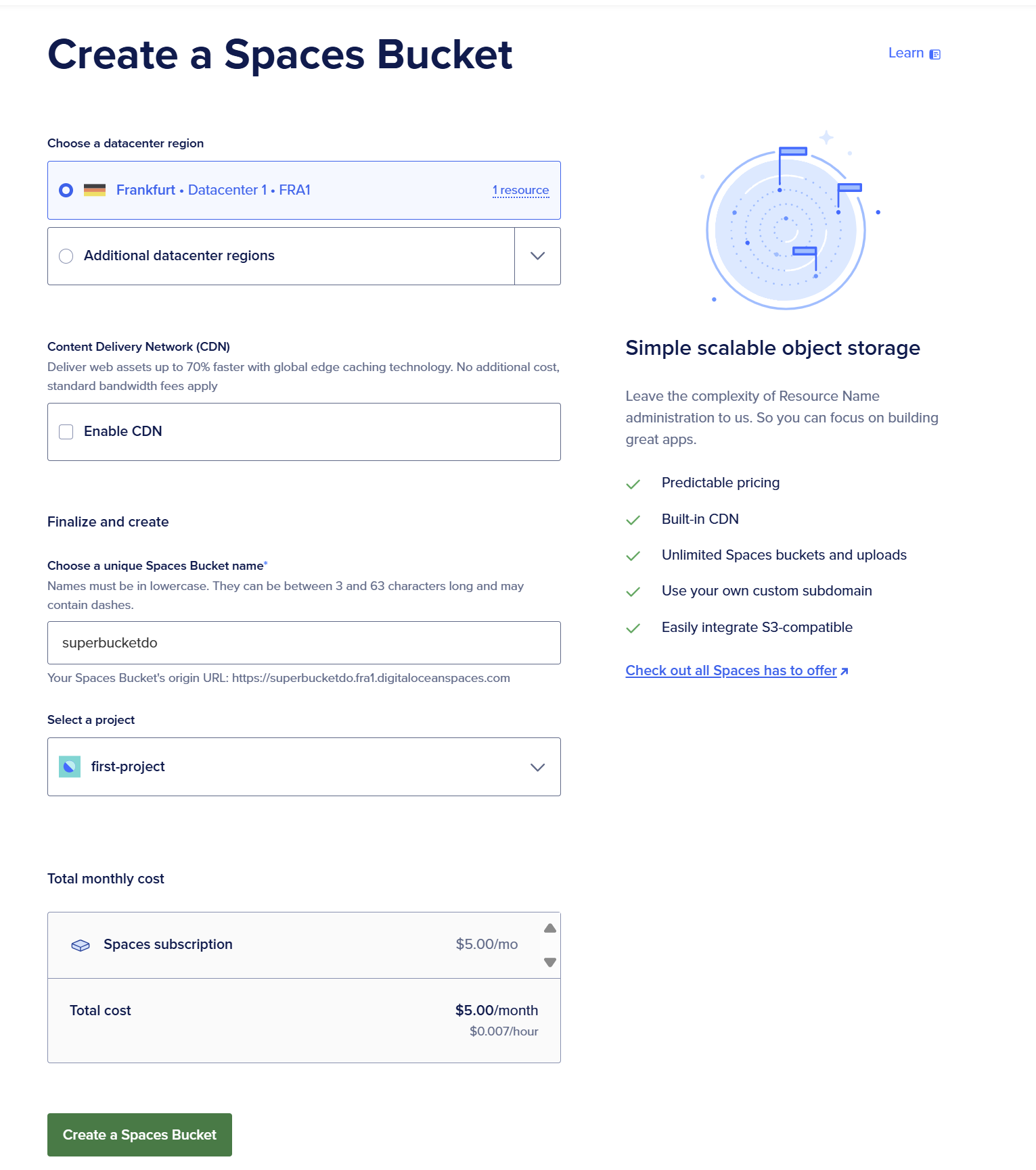 digitalocean space bucket creation over console