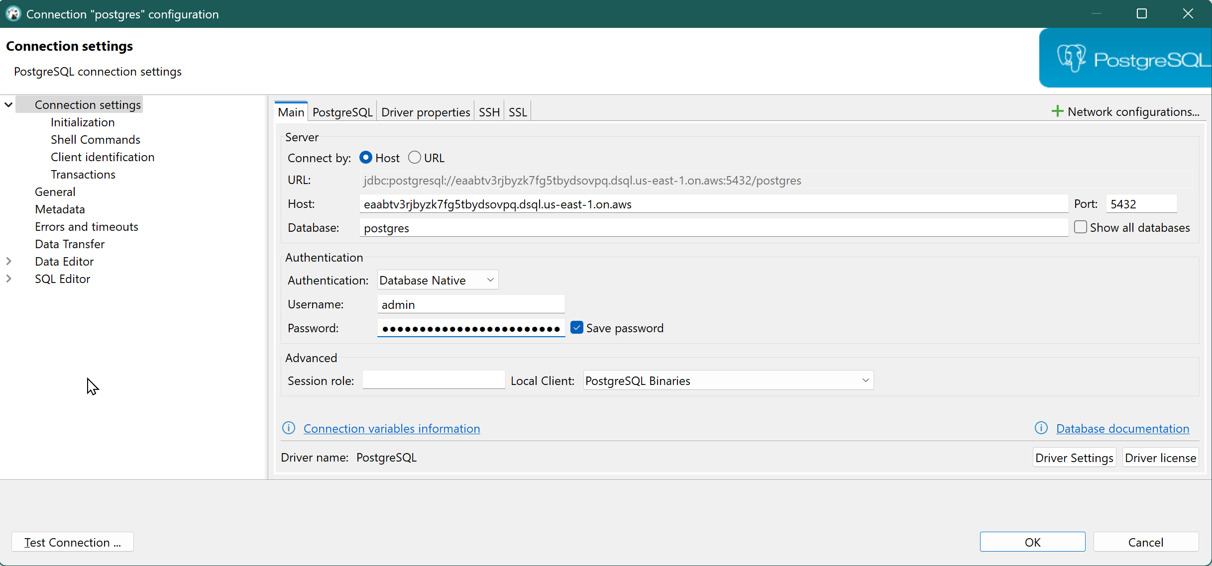 dbeaver aurora dsql connection settings